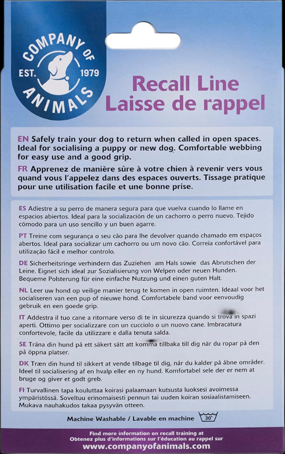 Company of Animals Recall Line packaging with text on a blue and purple background