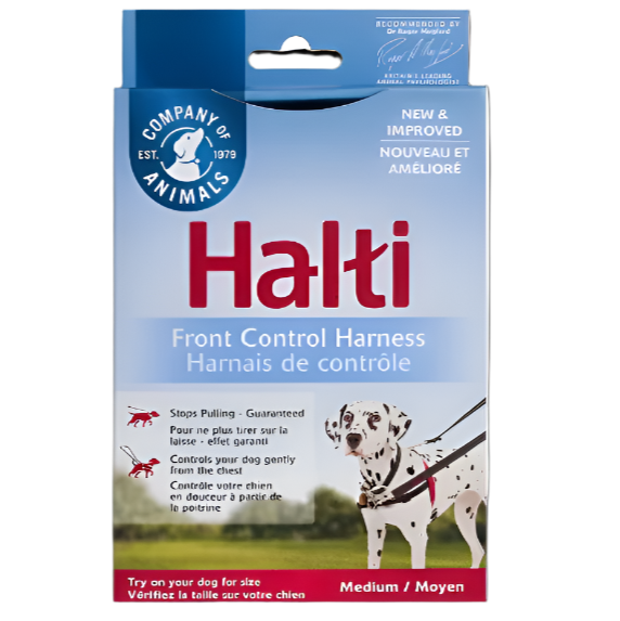Halti front control harness packaging with Company of Animals branding on a white background
